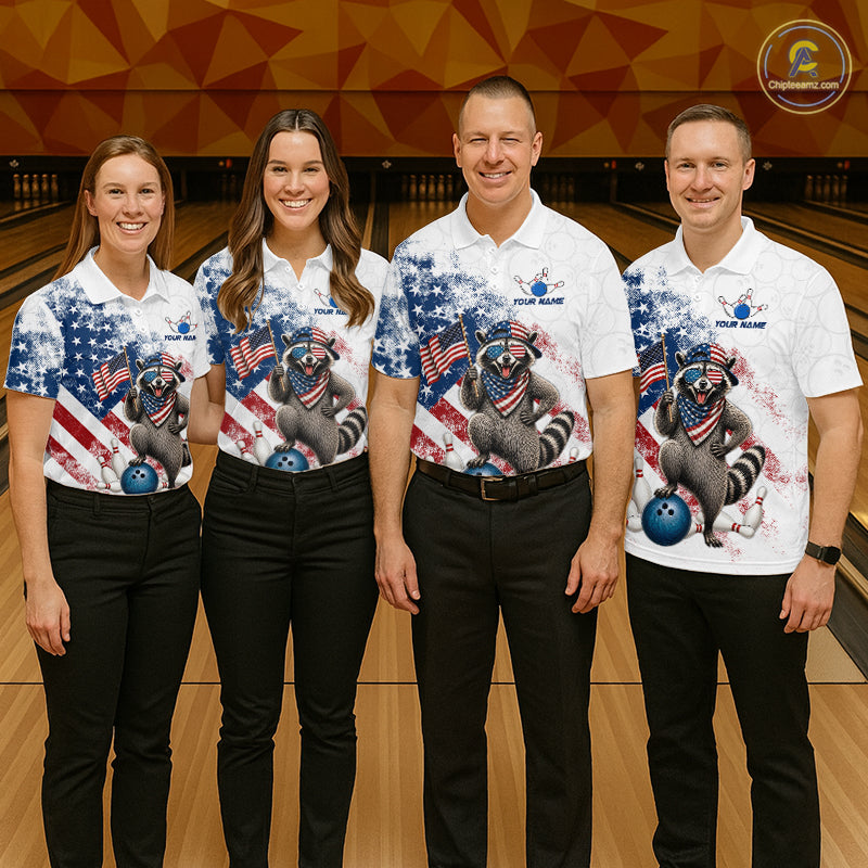 Group of bowlers in us flag raccoon team shirts, personalized bowling uniforms front view.