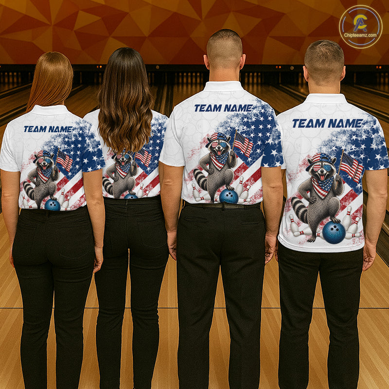 Group of bowlers in us flag raccoon team shirts, personalized bowling uniforms back view.