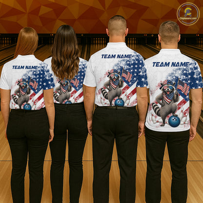Group of bowlers in us flag raccoon team shirts, personalized bowling uniforms back view.