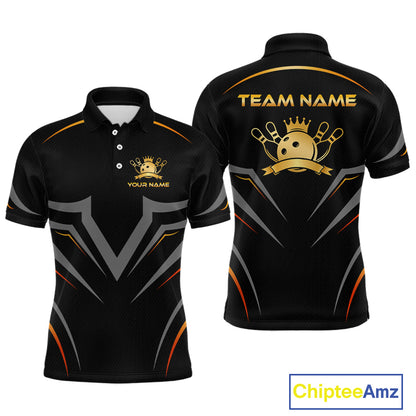Black bowling shirt with team name and logo on a white background