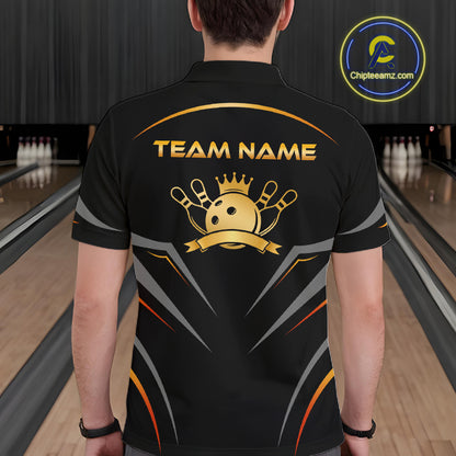 Person wearing a black bowling shirt with 'Team Name' and logo in a bowling alley.