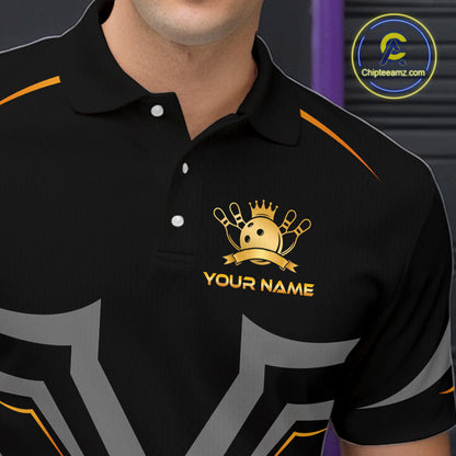 Black polo shirt with gold logo and text on a dark background