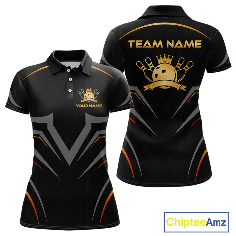 Black polo shirt with gold and orange accents, featuring a team logo and text on a white background.