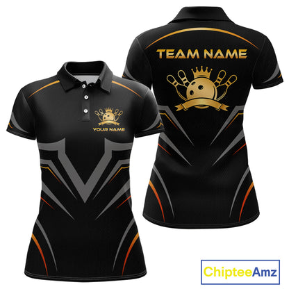 Black polo shirt with gold and orange accents, featuring a team logo and text on a white background.