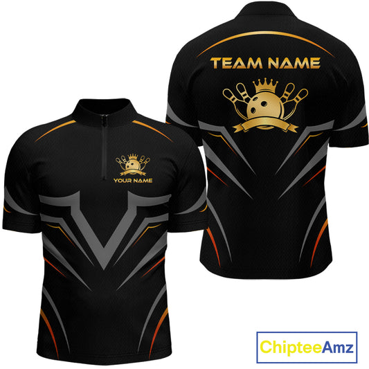 Black sports jersey with gold and orange accents, featuring a logo and text on a white background.