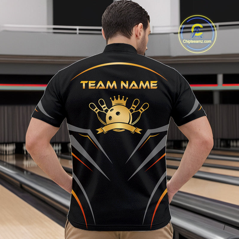 Man wearing a black bowling shirt with 'Team Name' and a logo on the back, standing in a bowling alley.