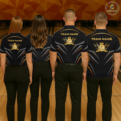 Four people wearing matching bowling shirts with a team name on a bowling alley.