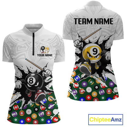 Two views of a polo shirt with billiards-themed design and customizable text.