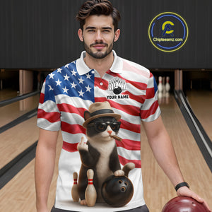 Custom US Flag Funny Cat Bowling Jersey for Men Bowling Uniform Bowling Team Shirts HNT127