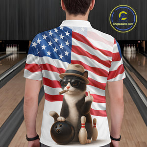 Custom US Flag Funny Cat Bowling Jersey for Men Bowling Uniform Bowling Team Shirts HNT127