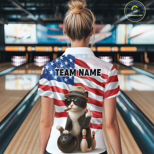 Custom US Flag Funny Cat Bowling Jersey for Women Bowling Uniform Bowling Team Shirts HNT127
