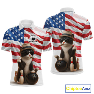 Custom US Flag Funny Cat Bowling Jersey for Men Bowling Uniform Bowling Team Shirts HNT127