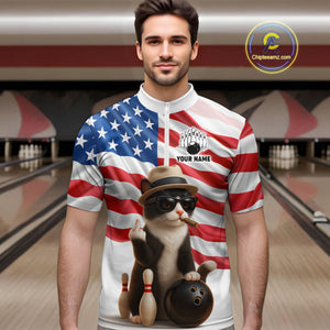 Custom US Flag Funny Cat Bowling Jersey for Men Bowling Uniform Bowling Team Shirts HNT127