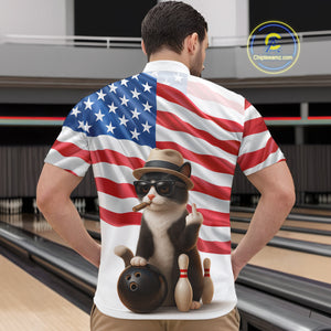 Custom US Flag Funny Cat Bowling Jersey for Men Bowling Uniform Bowling Team Shirts HNT127