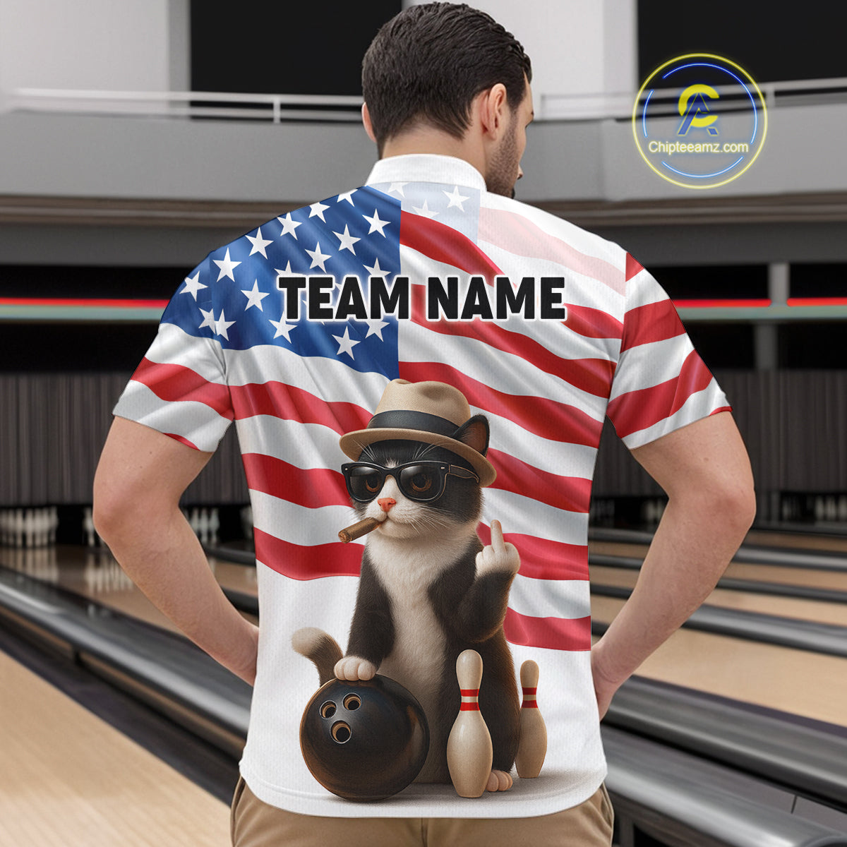 Custom US Flag Funny Cat Bowling Jersey for Men Bowling Uniform Bowling Team Shirts HNT127