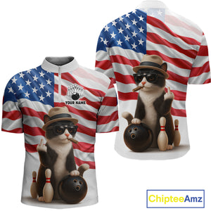 Custom US Flag Funny Cat Bowling Jersey for Men Bowling Uniform Bowling Team Shirts HNT127