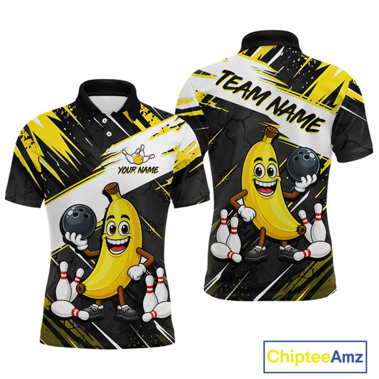 Men polo shirt with cartoon banana bowling design and customizable text on a white background