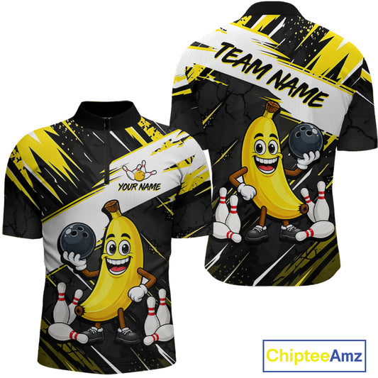 Men quarter zip bowling shirt with cartoon banana character and customizable text on a black and yellow background