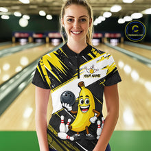 Load image into Gallery viewer, Women wearing a bowling shirt with a cartoon banana character on a bowling alley.