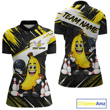 Load image into Gallery viewer, Women quarter zip bowling-themed shirt with cartoon banana character and bowling elements, featuring 'Chiptee Amz' branding.