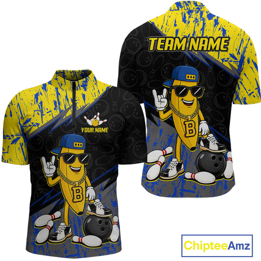 Men quarter zip bowling-themed shirt with cartoon character and customizable text on a white background