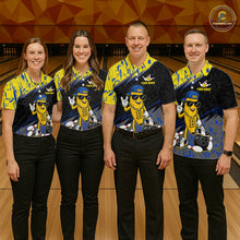 Load image into Gallery viewer, Four people wearing matching bowling shirts with a logo on a bowling alley.