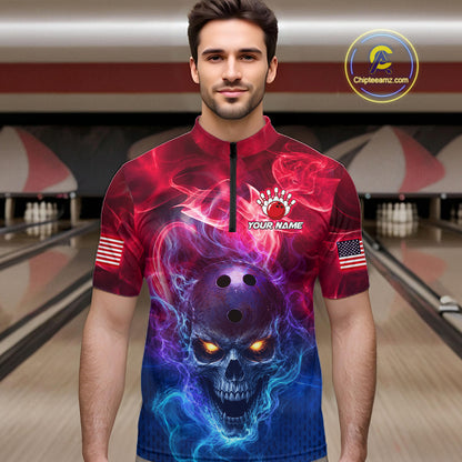 Custom Red Smoke Skull US Flag Bowling Team Shirts Bowling Jersey for Men Bowling League HNT449
