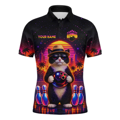 Custom Funny Neon Cat Bowling Jersey for Men Bowling Tournament Polo & 1/4 Zip Bowling Team Shirts HNT210