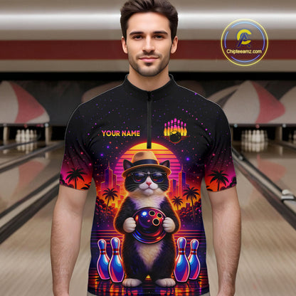 Custom Funny Neon Cat Bowling Jersey for Men Bowling Tournament Polo & 1/4 Zip Bowling Team Shirts HNT210