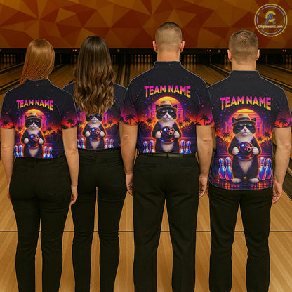 Custom Funny Neon Cat Bowling Jersey for Men Bowling Tournament Polo & 1/4 Zip Bowling Team Shirts HNT210
