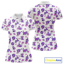 Load image into Gallery viewer, Women polo shirt with purple cat pattern on a white background, featuring the brand 'Chiptee Amz'.