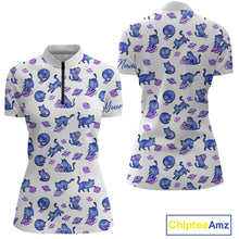 Load image into Gallery viewer, White shirt with blue cat pattern on a white background, featuring 'Chiptee Amz' branding.