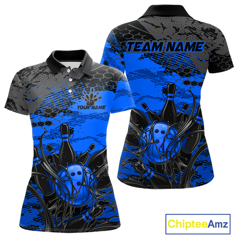 Bowling-themed polo shirt with customizable text on a white background