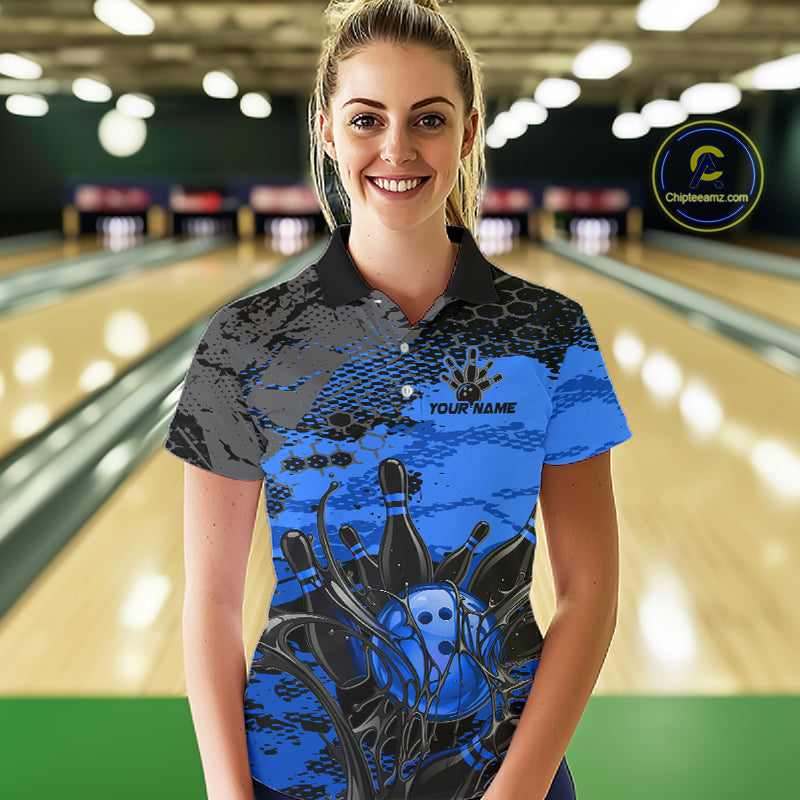 Woman wearing a custom bowling shirt with a bowling alley in the background