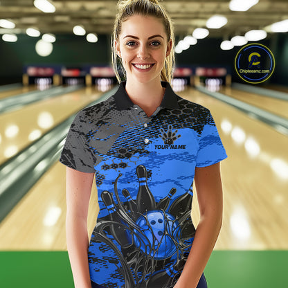 Woman wearing a custom bowling shirt with a bowling alley in the background