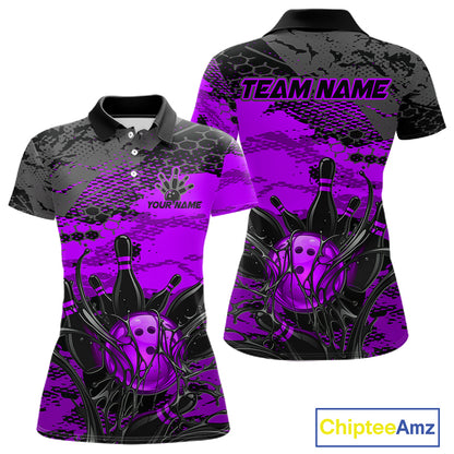 Purple and black bowling-themed polo shirt with 'Team Name' and 'Your Name' text on a white background.