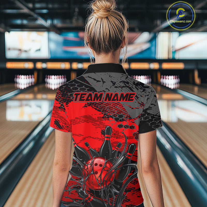 Person wearing a custom bowling shirt with 'TEAM NAME' text in a bowling alley.