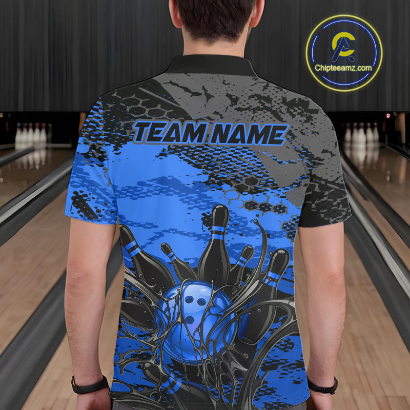 Person wearing a bowling shirt with 'TEAM NAME' text in a bowling alley.
