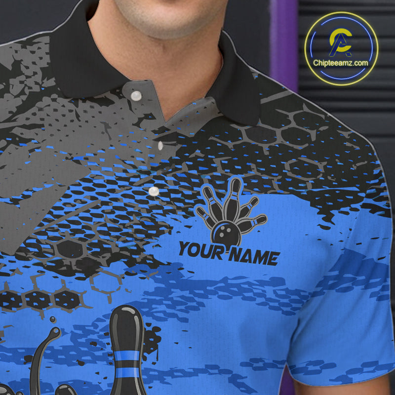 Blue and black patterned polo shirt with bowling design and 'Your Name' text, brand logo visible.