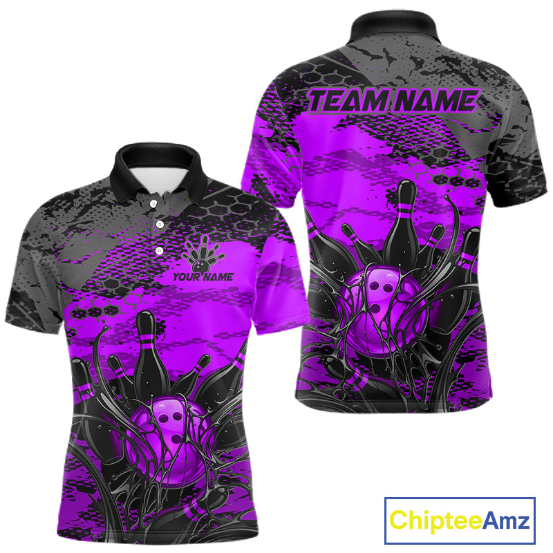 Purple and black bowling-themed shirt with 'Team Name' and 'Your Name' text on a white background.
