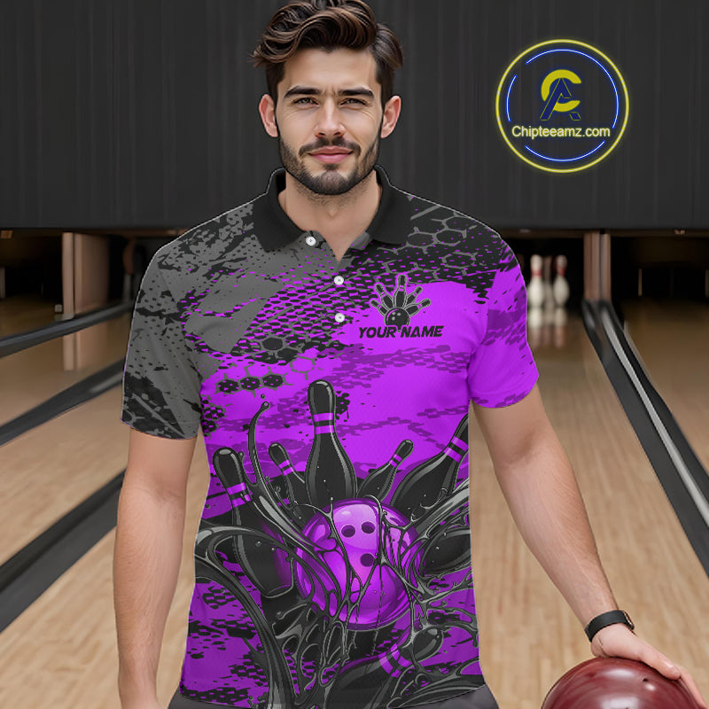 Man wearing a purple and black bowling-themed shirt in a bowling alley.