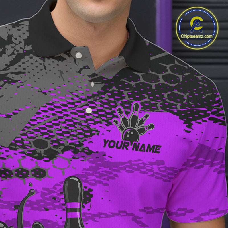 Purple and black patterned polo shirt with bowling design and 'Your Name' text, brand logo visible.