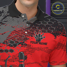 Load image into Gallery viewer, Red and black patterned bowling shirt with a logo and 'Your Name' text, brand logo visible.