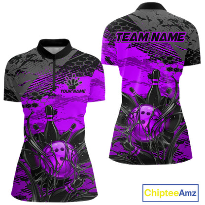 Purple and gray bowling jersey with 'Team Name' and 'Your Name' text, Chiptee Amz branding.
