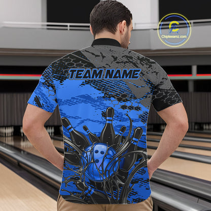 Person wearing a bowling-themed shirt with 'TEAM NAME' on the back in a bowling alley.