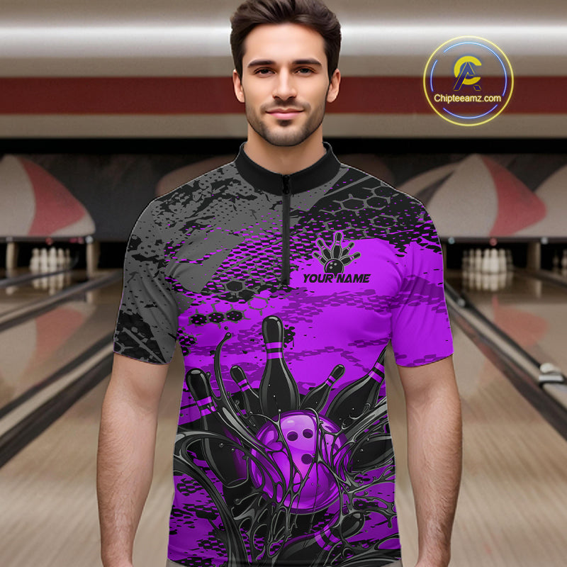 Man wearing a purple and black bowling shirt with a design on a bowling alley background