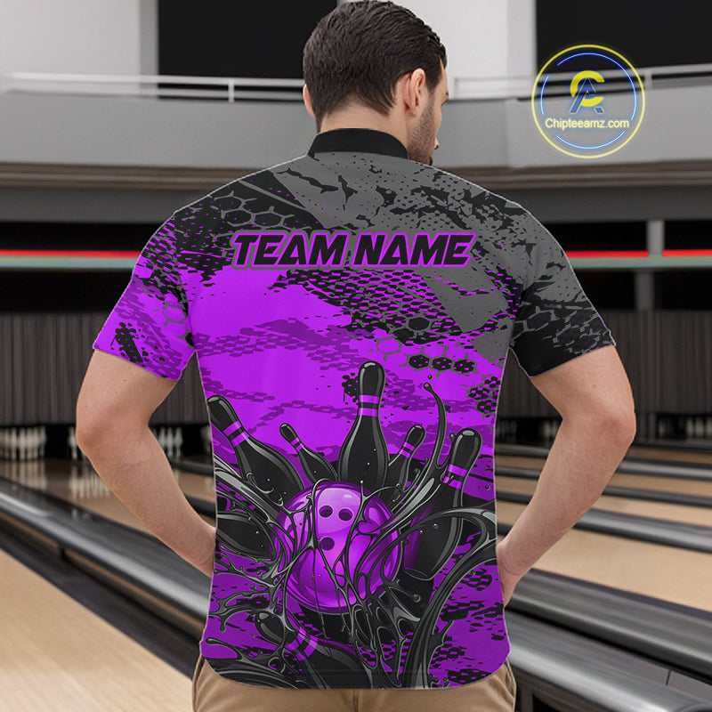 Person wearing a bowling-themed shirt with 'TEAM NAME' printed on it in a bowling alley.