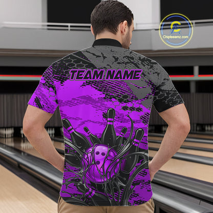 Person wearing a bowling-themed shirt with 'TEAM NAME' printed on it in a bowling alley.