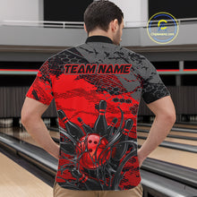 Load image into Gallery viewer, Person wearing a red and black bowling shirt with 'TEAM NAME' text at a bowling alley.