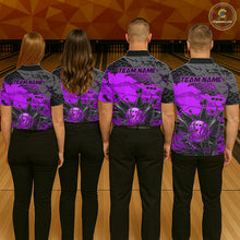 Load image into Gallery viewer, Four people wearing bowling shirts with a purple and black design on a bowling alley.